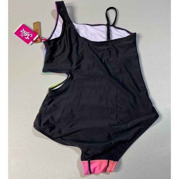 Justice Girls XL 16/18 One-Shoulder Cut-Out Swimsuit Rainbow Palm Print UPF 50+ - Picture 2 of 11